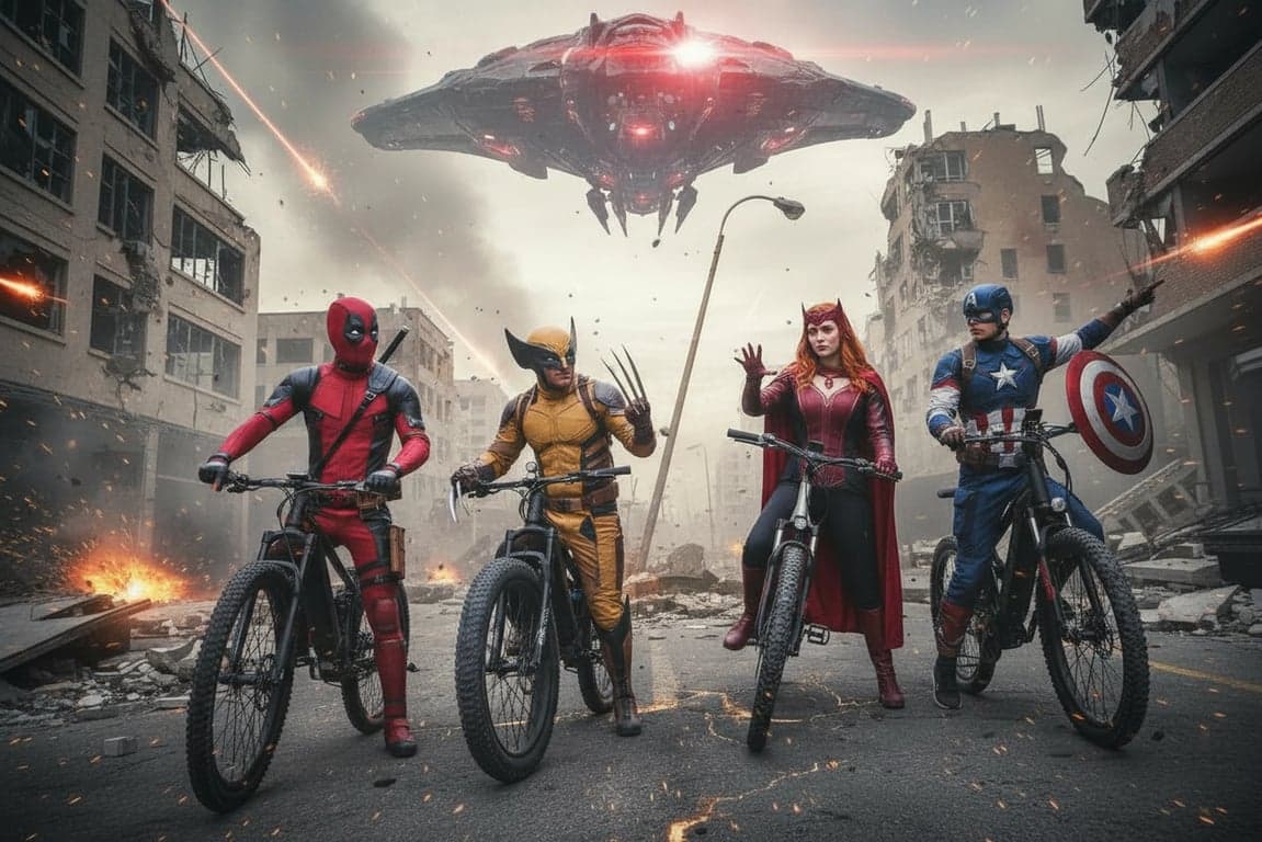 a portrait in a group cosplay as Deadpool with other Marvel characters, interacting in a dynamic scene with coordinated costumes