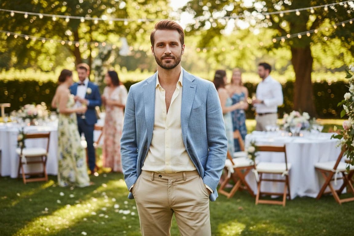 For Wedding Guests Outfits filter after transformation - portrait in vest and slim trousers rustic wedding guest outfit