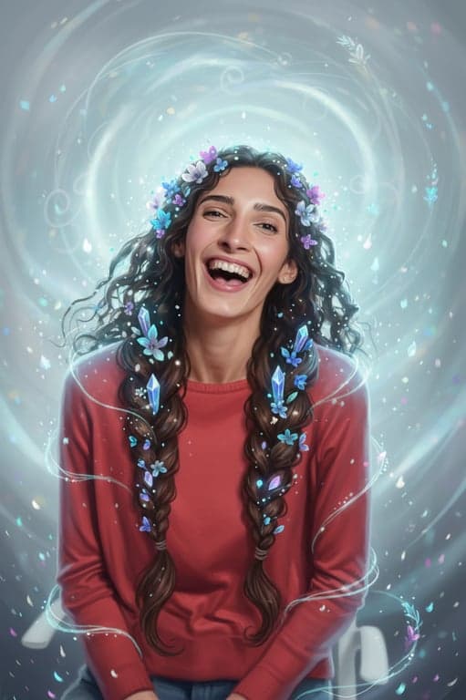 a portrait of a woman with fantasy braids, hair intertwined with flowers and crystals, ethereal lighting, digital art style.