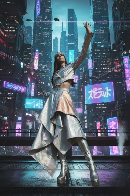 a portrait of a woman edited into a futuristic K-pop outfit, wearing metallic fabrics and asymmetrical cuts against a cyberpunk cityscape