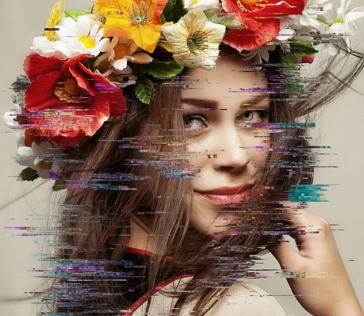 AI glitch effect filter after transformation - fashion portrait rendered in cyberpunk glitch tone