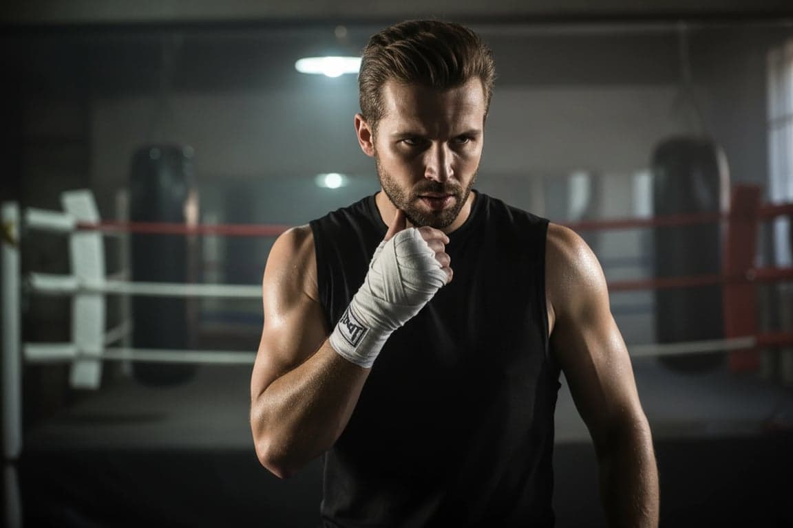 Gym Outfit filter after transformation - portrait in a boxing gym outfit with intense training vibe