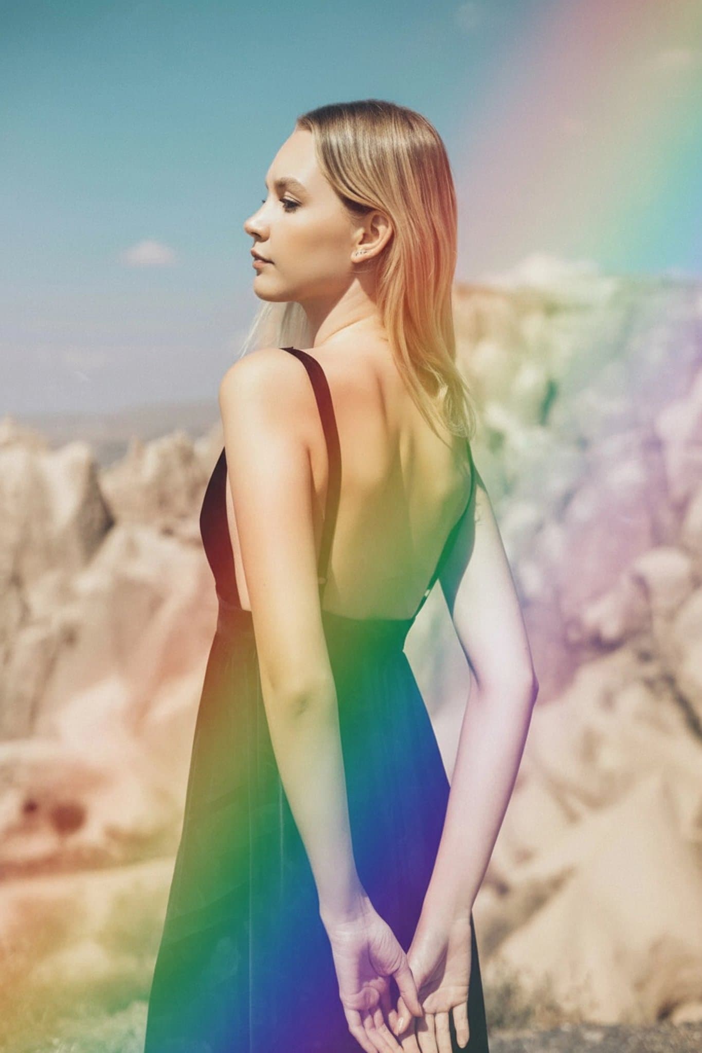 AI rainbow air filter after transformation - portrait with glowing rainbow light overlay