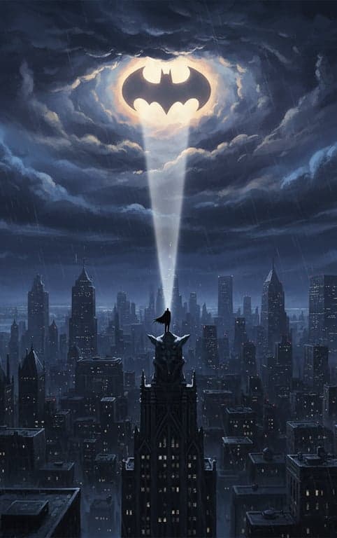 An artistic rendition of Batman's symbol, the bat-signal, shining against storm clouds over Gotham City, with a tiny silhouette of Batman on a rooftop.