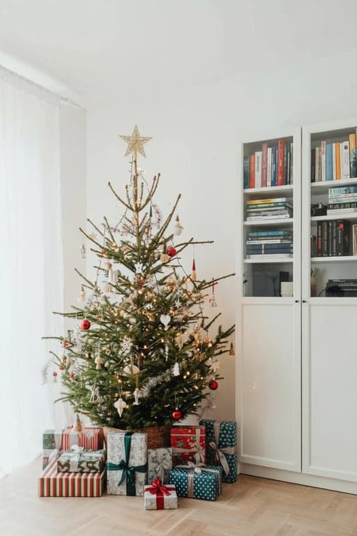 Christmas photo editor after photo - cozy living room with Christmas tree with Christmas decoration