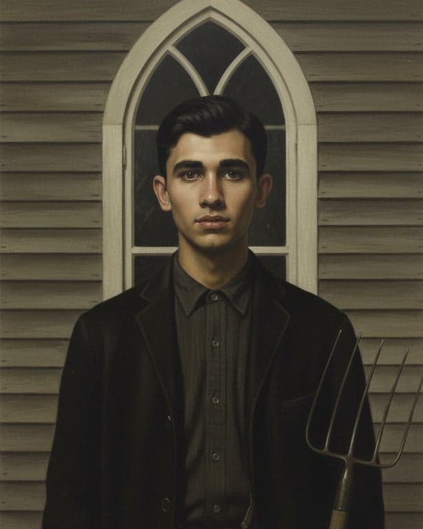 a portrait of a person illustrated in a Grant Wood–inspired American Gothic style with stiff pose, direct gaze, smooth realistic surfaces, minimal visible brush texture, muted midwestern tones, clear contours, and a disciplined traditional American painting look