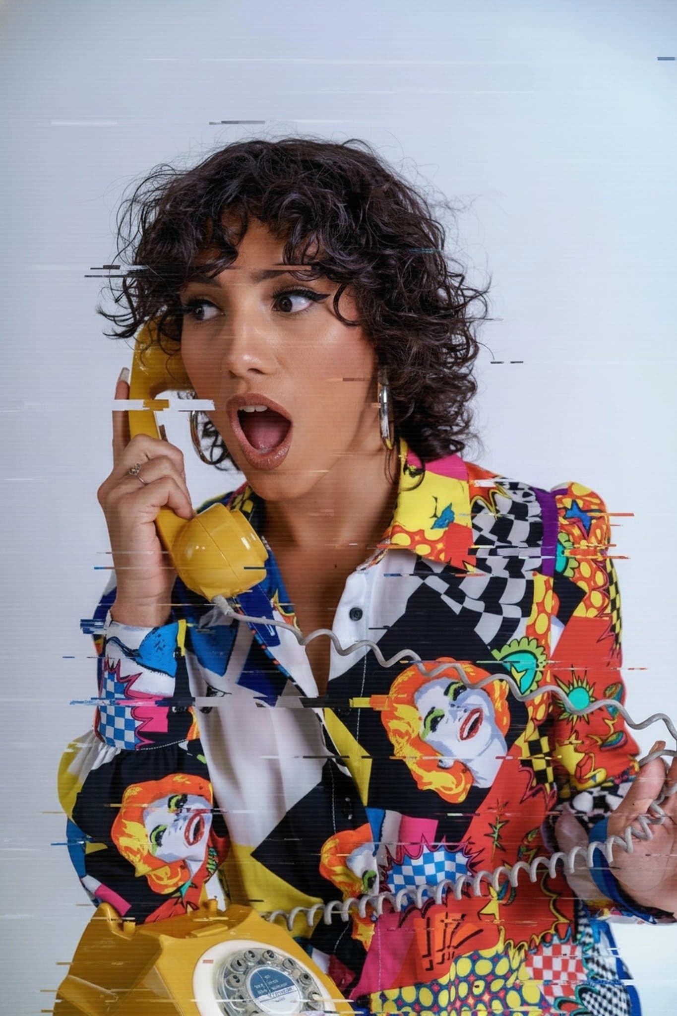 AI glitch effect filter after transformation - influencer photo with neon glitch overlay