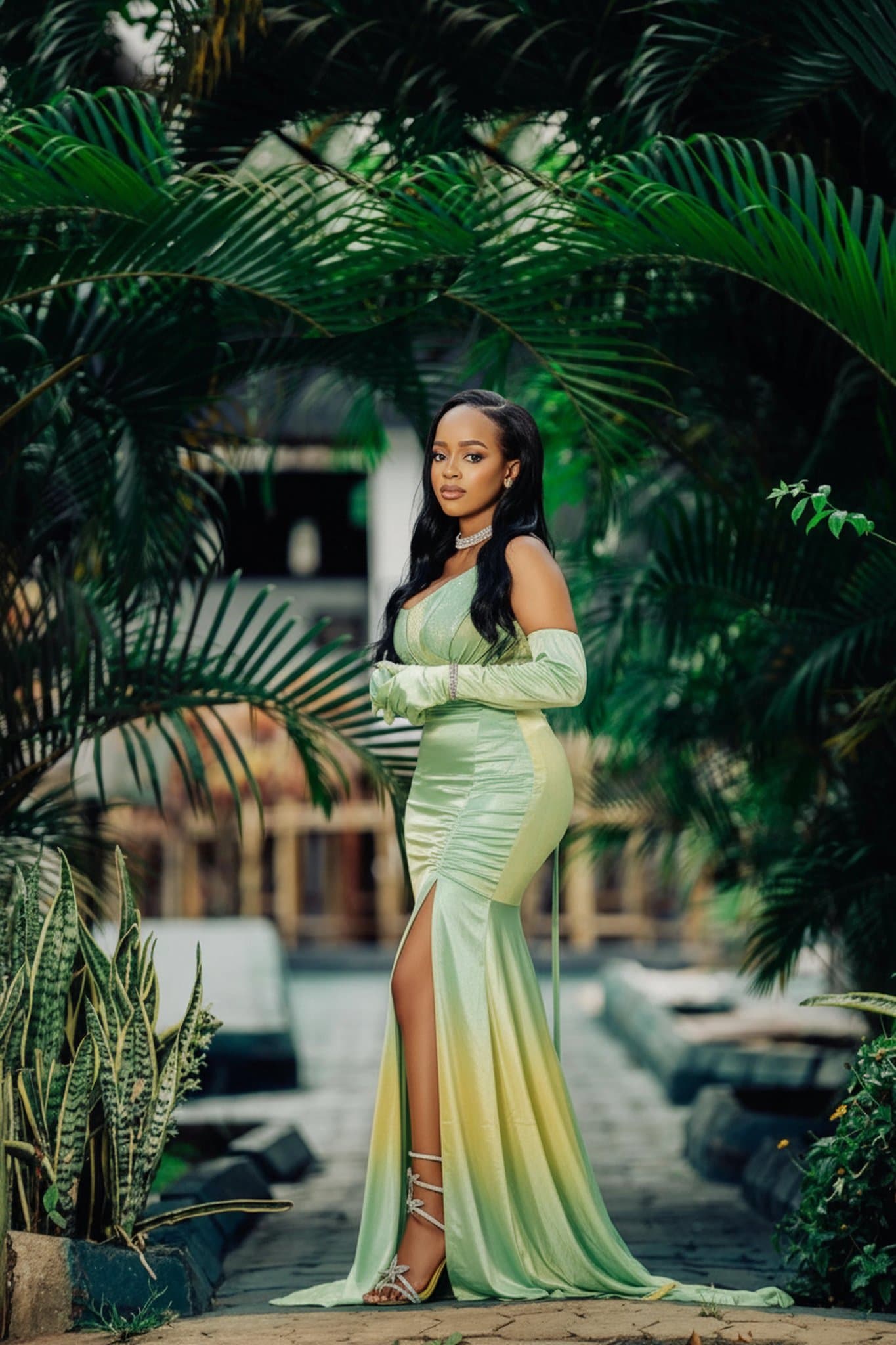 AI outfit recolor showing a mint green and lemon yellow ensemble, typical of pastel fashion.