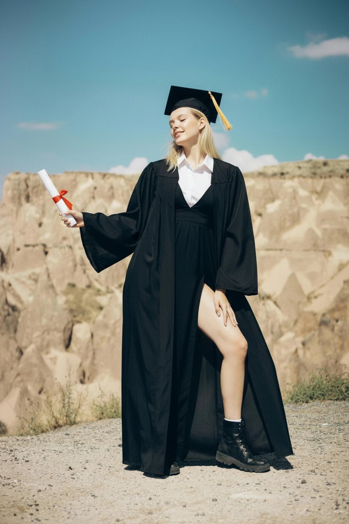 AI graduation photo filter after transformation - casual portrait turned into academic ceremony photo