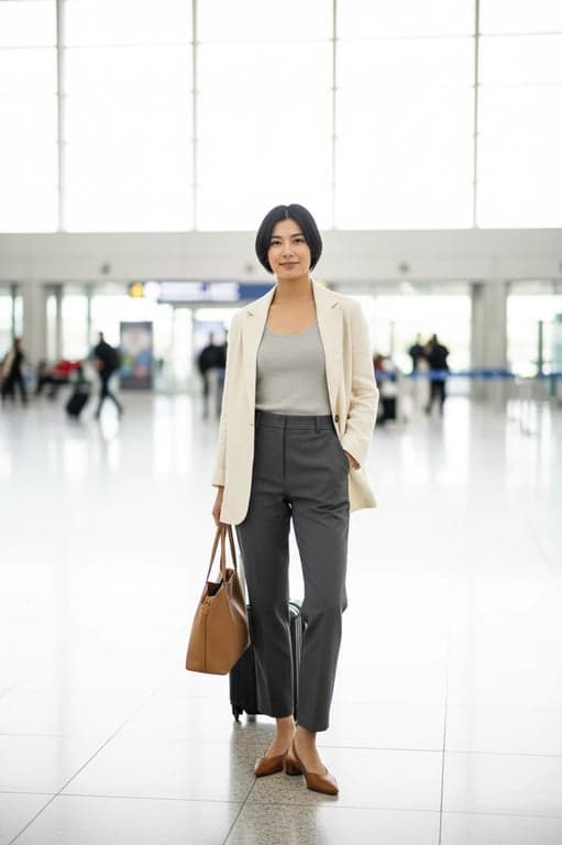 airport outfits filter after transformation - portrait wearing refined but relaxed airport outfit with blazer and travel friendly shoes