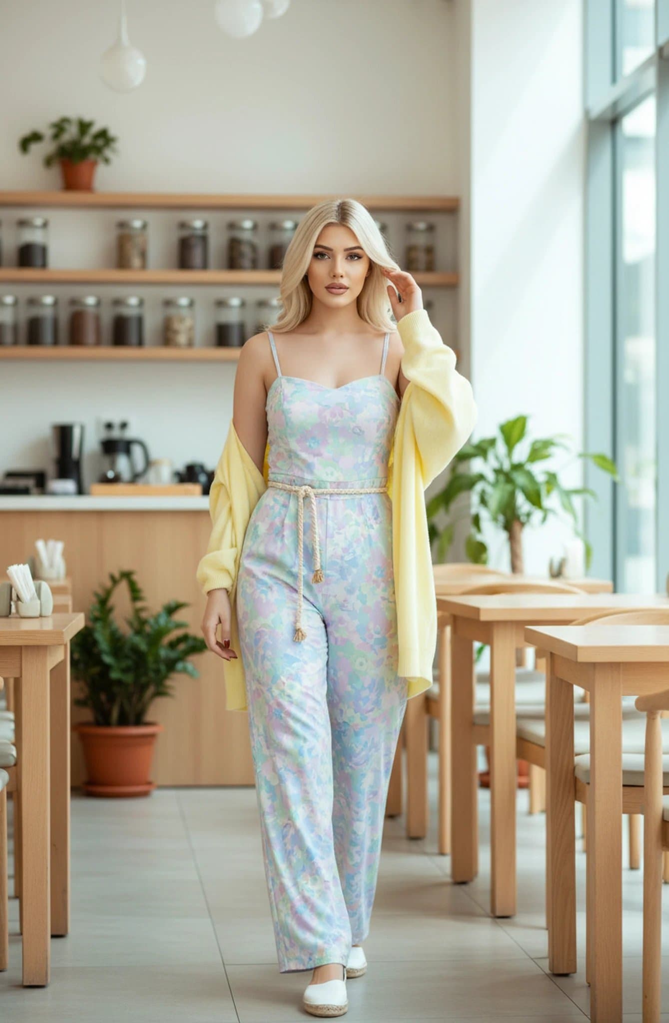 Tea Party Outfits filter after transformation - portrait in pastel jumpsuit tea party style at minimalist tea counter