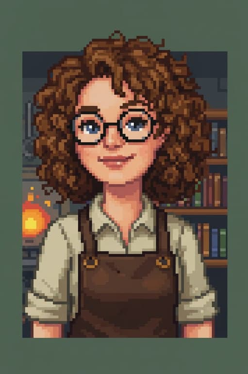 a pixel art portrait of a stardew valley npc, distinctive hairstyle and clothing, friendly or quirky expression, suitable for blacksmith or librarian role.