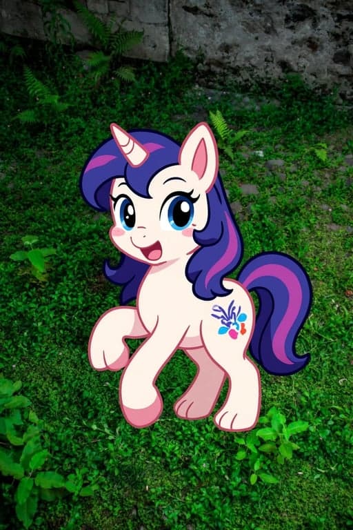 A portrait of a person converted into a fully animated My Little Pony pony, standing on all four legs, following official animation rules, completely eliminating arms, hands, fingers, and upright human posture, mapping identity through mane shape, eye emotion, and color palette, preserving original background, lighting, and mood, flat pastel cel shading, clean outlines, and a clearly visible cutie mark.
