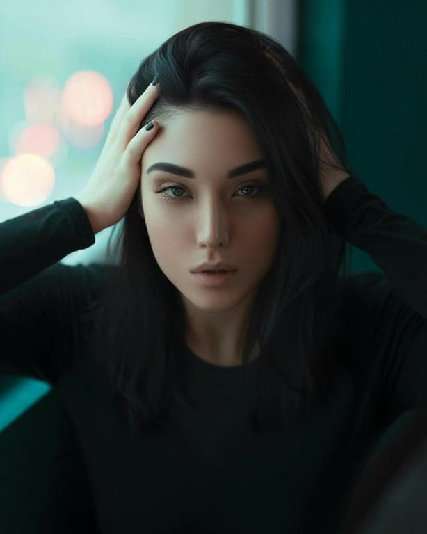 a portrait of a person edited to have natural black hair, avoiding flat color fill, maintaining subtle highlights, accurate shadow depth, and clean hairline blending