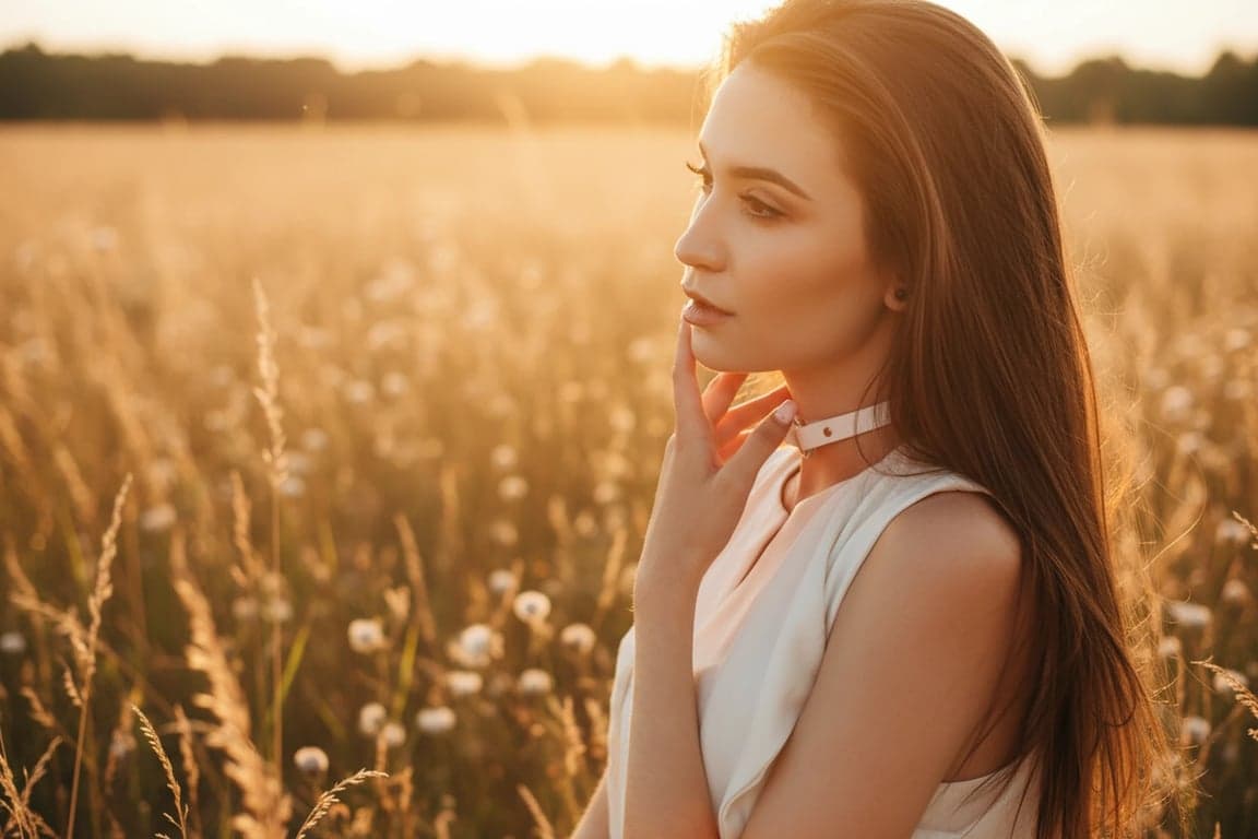 a portrait of a woman, warm tone filter, golden hour lighting, soft amber glow, natural skin tones, outdoor setting.