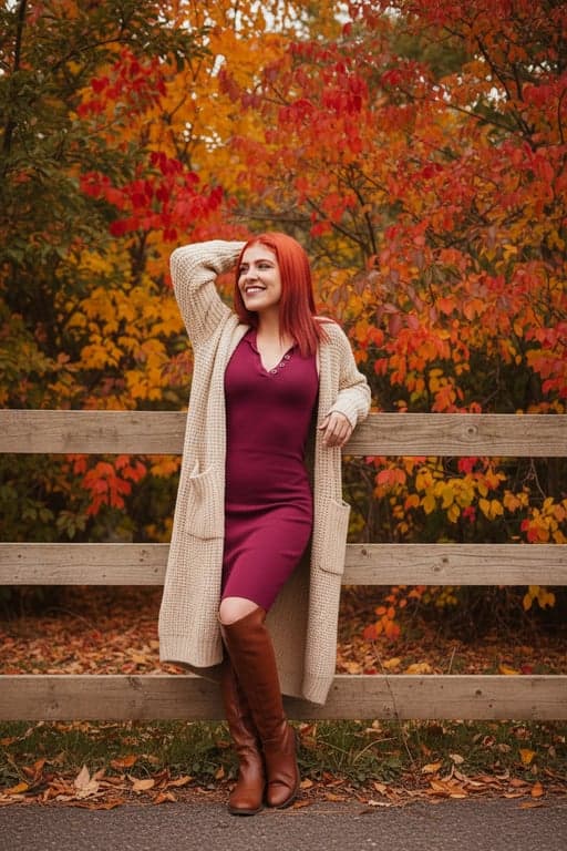 a portrait of a woman in a long cardigan and boots, posing by a wooden fence with fall foliage background
