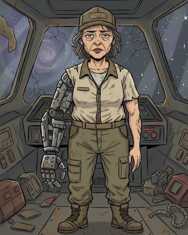 A new human character for the show's universe: a cynical, middle-aged female space trucker with a lazy eye and a robotic arm, drawn in the show's simplistic yet expressive wobbly line art style.