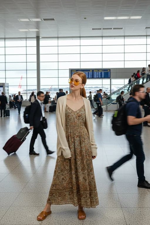 airport outfits filter after transformation - portrait wearing relaxed maxi dress airport look with light layers