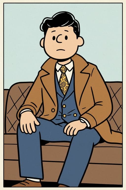 a portrait of a man, peanuts comic style, thick black outlines, dot eyes, minimal shading, playful and nostalgic vibe.