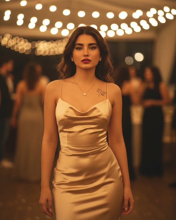 For Wedding Guests Outfits filter after transformation - portrait wearing satin evening wedding guest dress with cozy reception lights