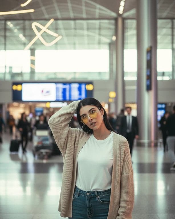 airport outfits filter after transformation - portrait wearing cozy cardigan airport outfit with comfortable basics