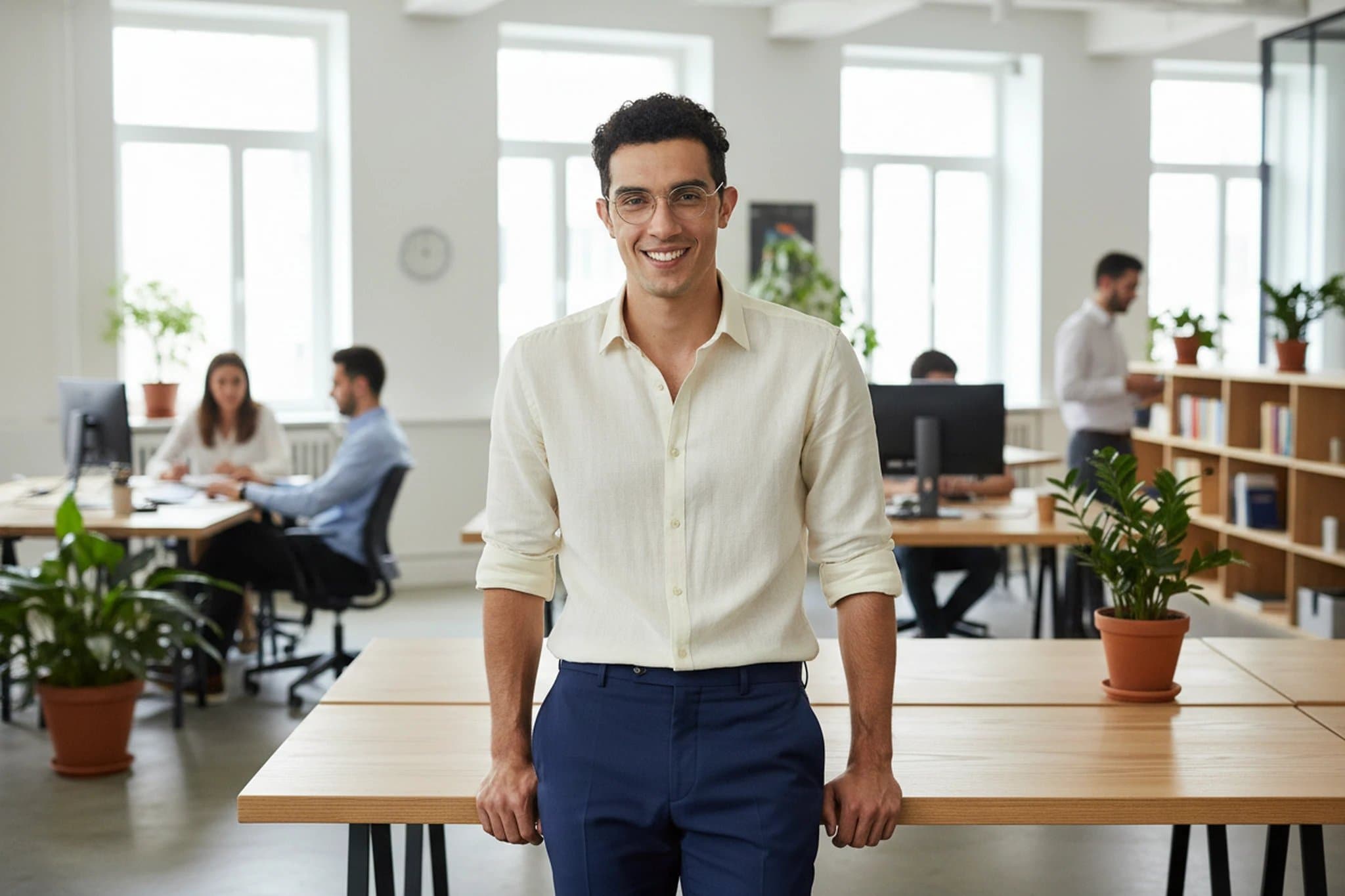 business casual outfits filter after transformation - portrait in relaxed business casual Friday outfit in open office