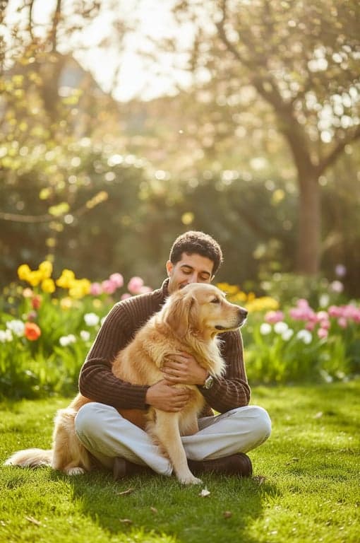 a portrait of a person with their pet, showing affection and warmth in a sunny backyard or park setting