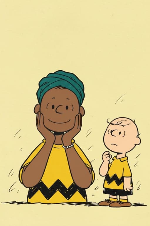 A portrait of a woman transformed by a Snoopy filter, her features simplified into Charles Schulz's style, wearing a zigzag shirt, standing next to a cartoon Charlie Brown.