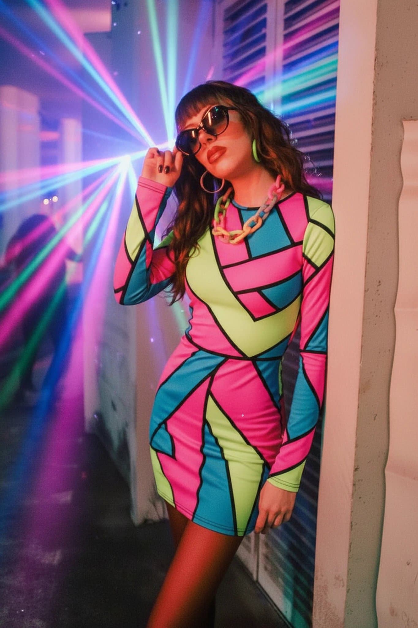 90s theme party clothes filter after transformation - portrait wearing neon 90s party outfit with glowing club colors