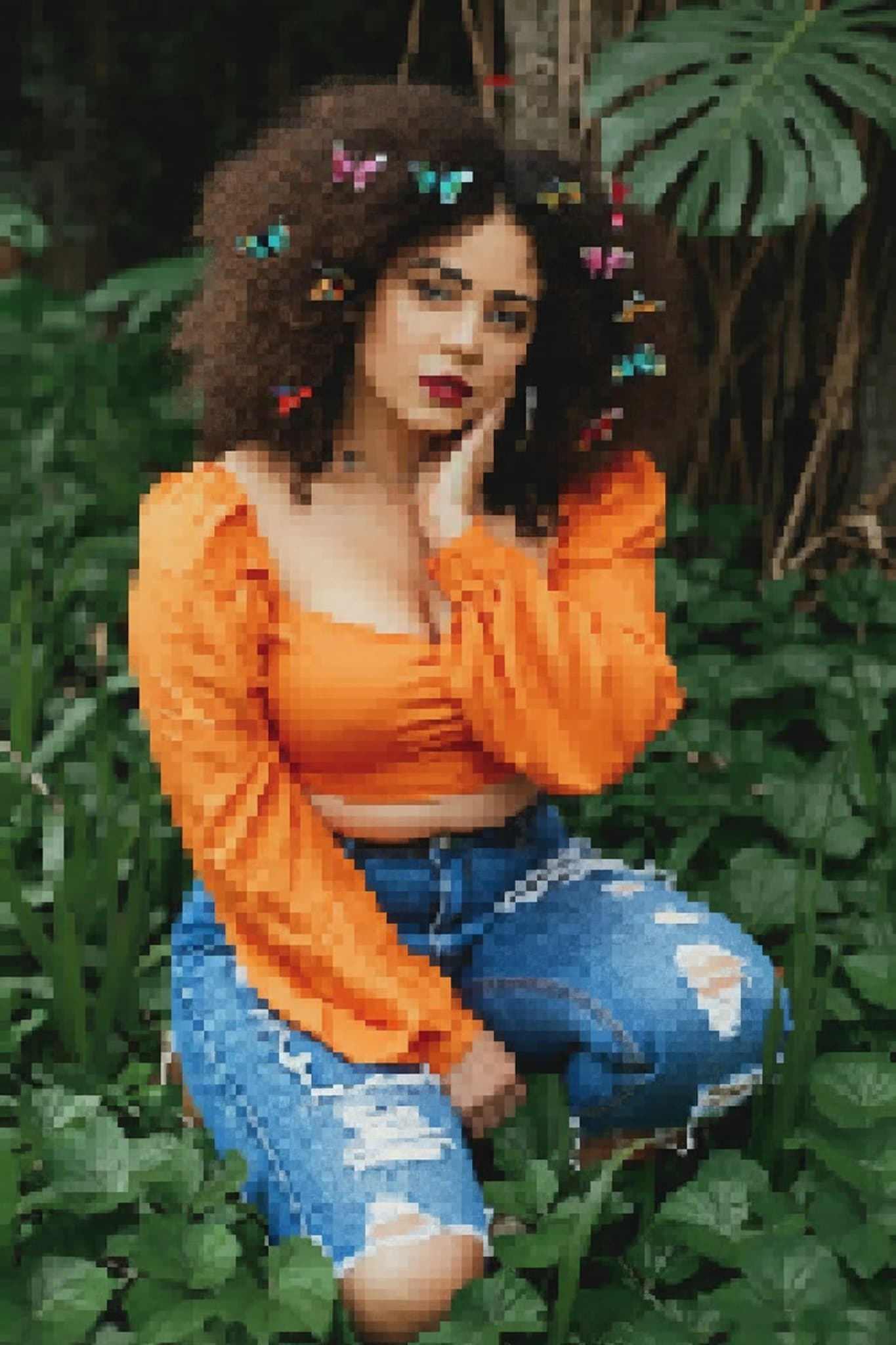 AI unpixelate image filter before photo - fashion portrait before AI sharpness recovery