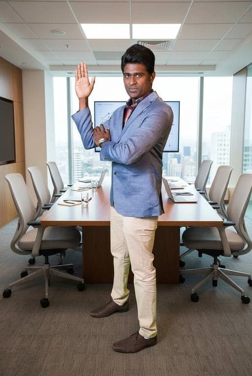 AI green screen remover after photo - man in blue shirt isolated with meeting room background