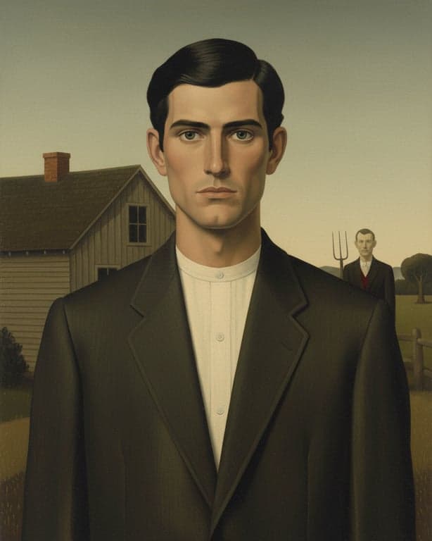 a portrait of a person transformed into a high-standard American Gothic realism illustration avoiding modern effects, dramatic lighting, or expressive exaggeration