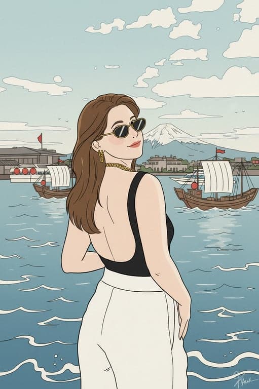 a portrait of a person transformed into a Japanese art style illustration with simplified facial features, clean linework, controlled color palette, balanced composition, and a clear Japanese visual identity