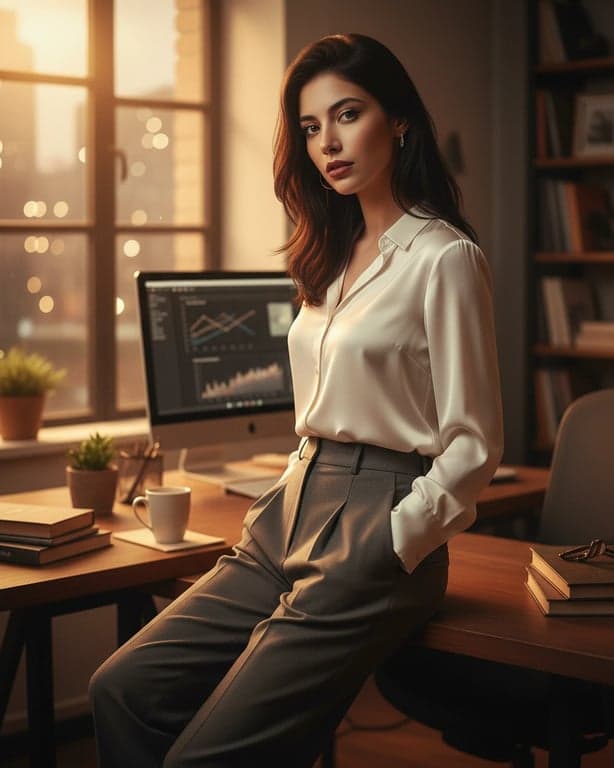 Office Siren Outfits filter after transformation - portrait in satin blouse and tailored trousers with elegant office-night ambiance