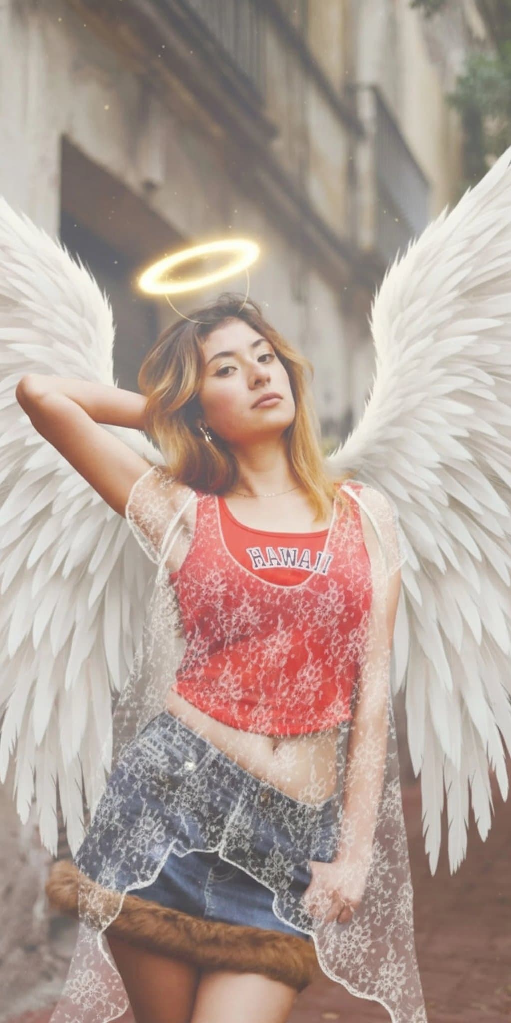 AI angel filter after transformation - full body photo with AI generated angel outfit