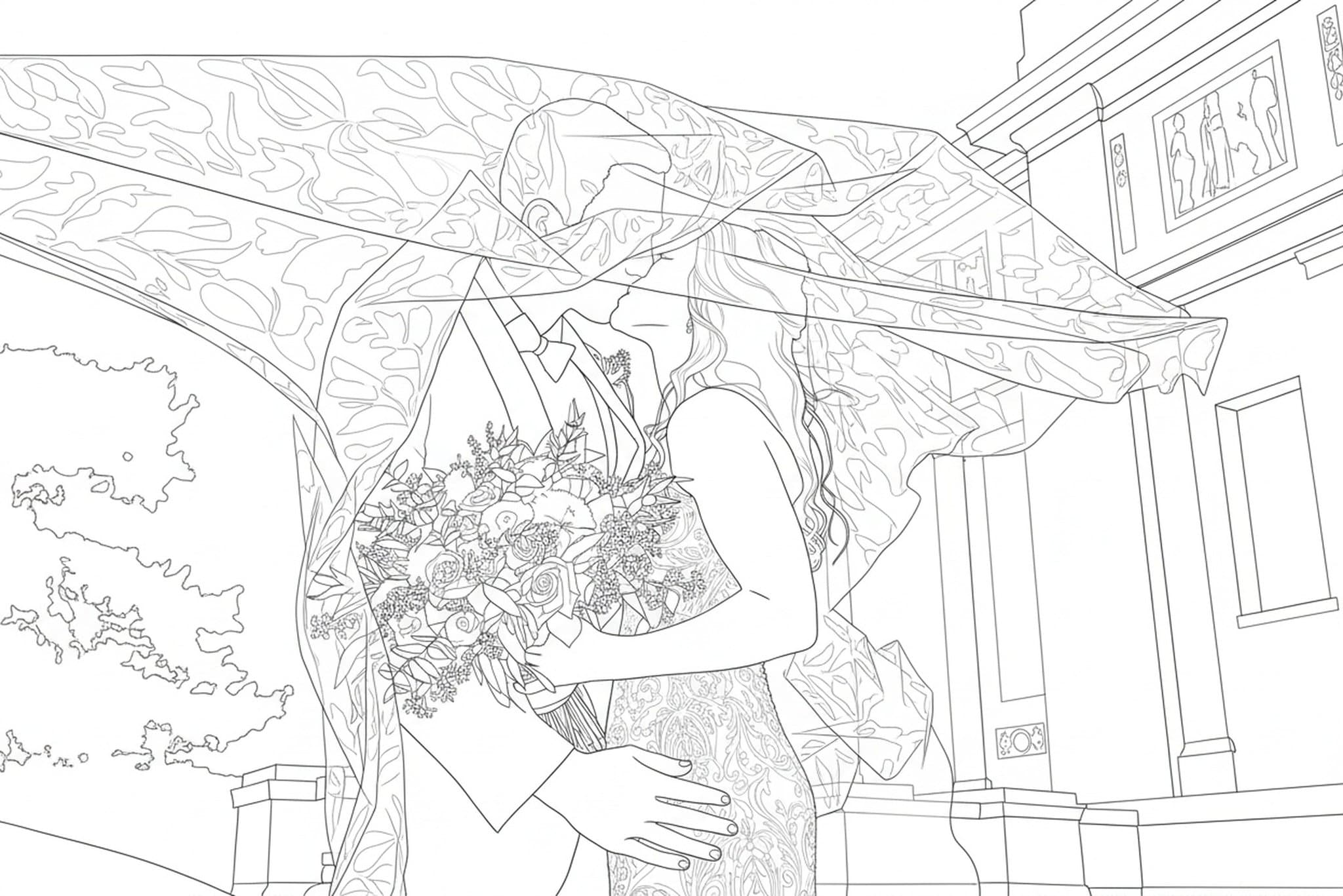 AI coloring page filter after transformation - full body photo converted into coloring page drawing