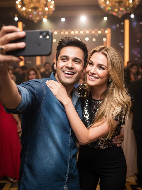 a portrait of a man taking a selfie with a smiling celebrity, realistic lighting match, casual attire, indoor event background, natural perspective.