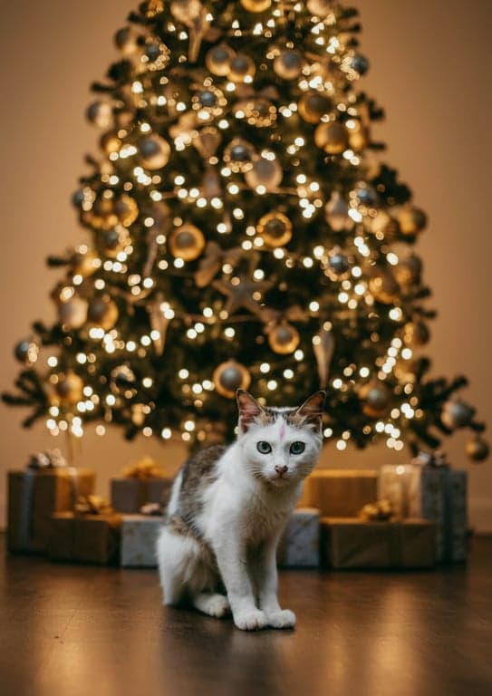AI Christmas background free after photo - cat sitting on the ground with Christmas background