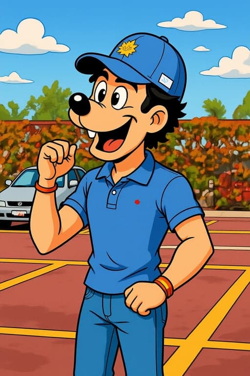 a portrait of a person converted into a Looney Tunes-style cartoon character, featuring extreme facial exaggeration, expressive gestures, elastic squash-and-stretch body shapes, strong black outlines, smooth painted cel shading, lively animation posing, and a timeless vintage slapstick cartoon aesthetic.