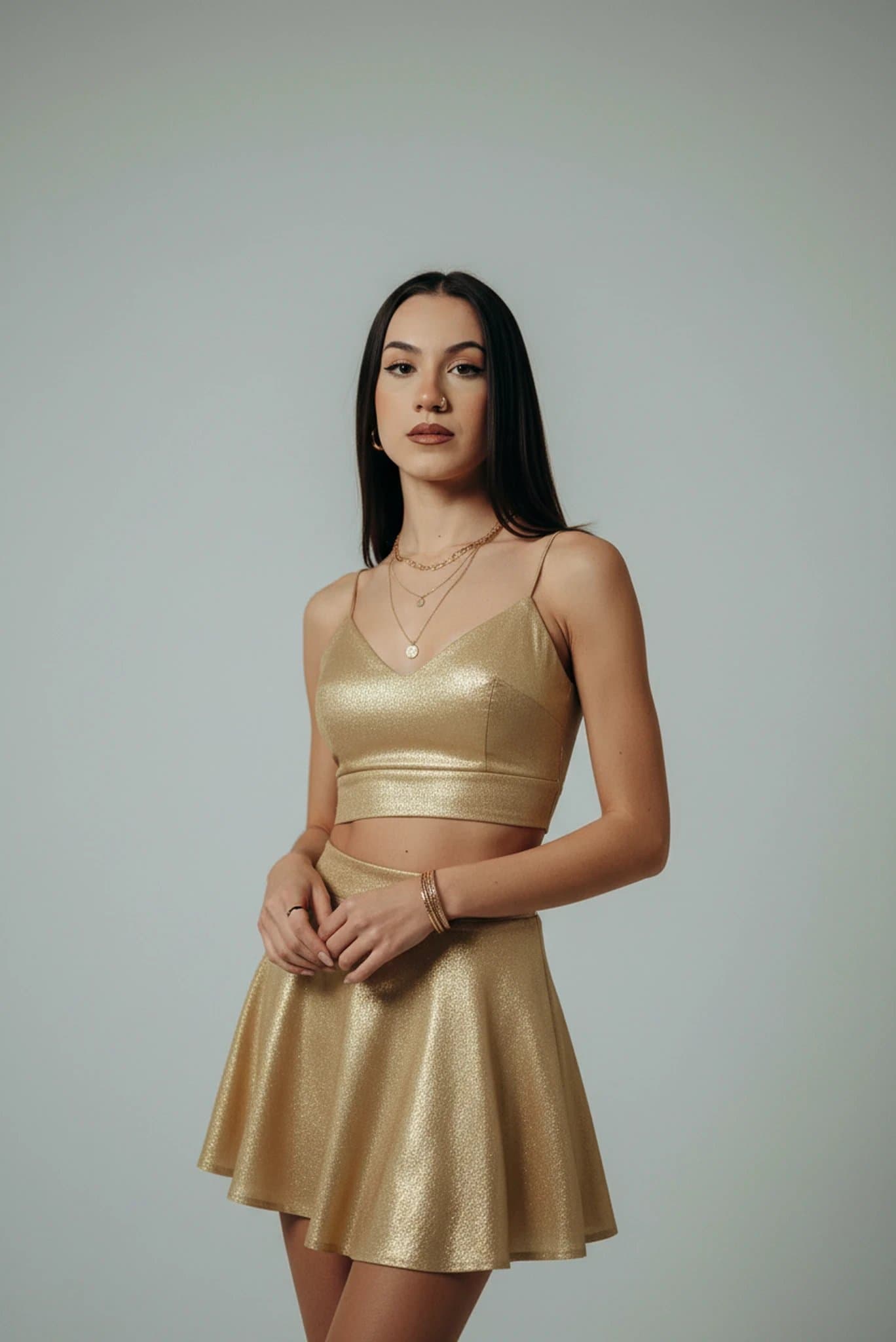 Gold Party Clothes filter after transformation - portrait styled in minimal gold party elegance look