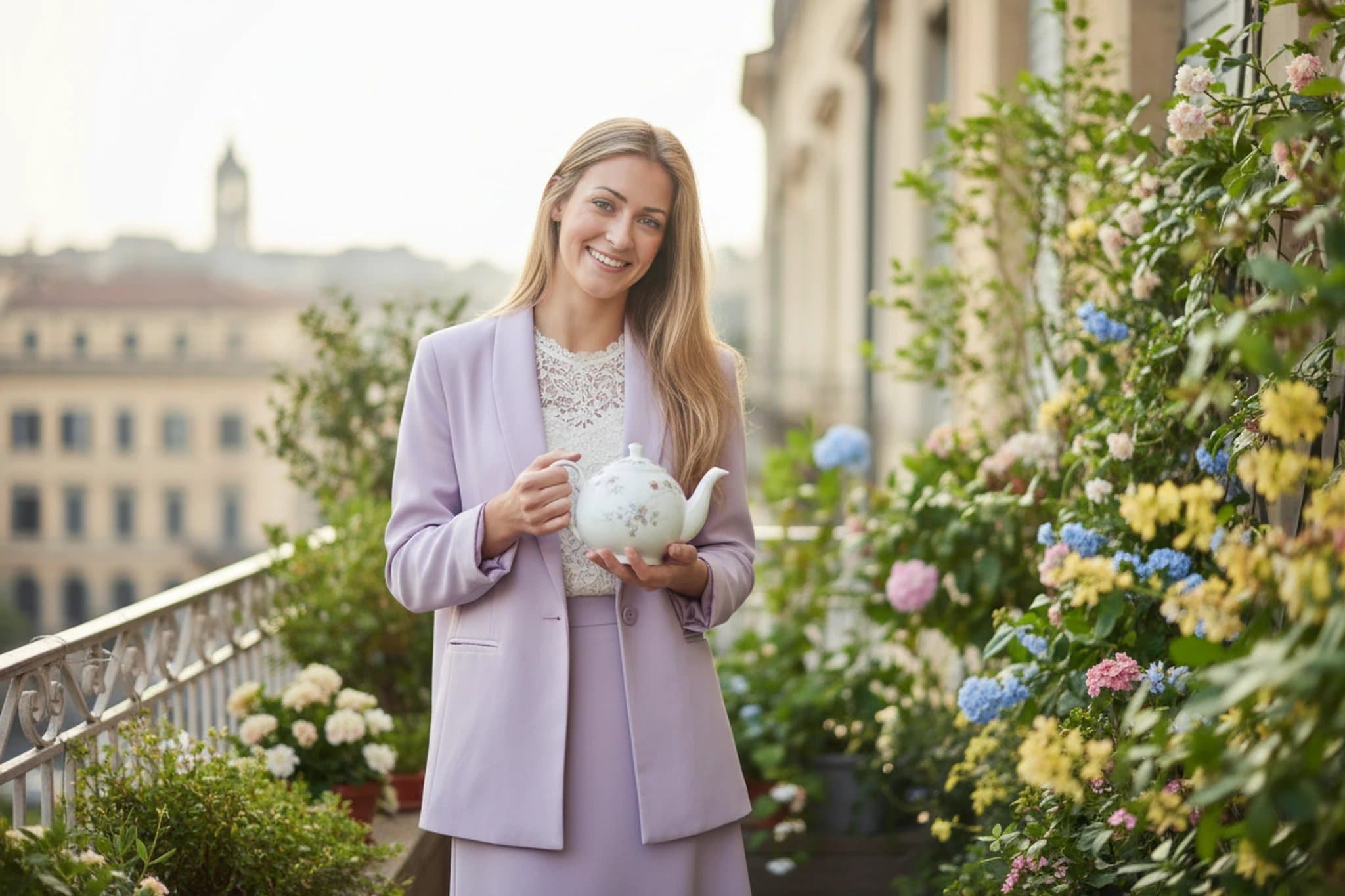 Tea Party Outfits filter after transformation - portrait in coordinated pastel tea party set with balcony plants and tea tray