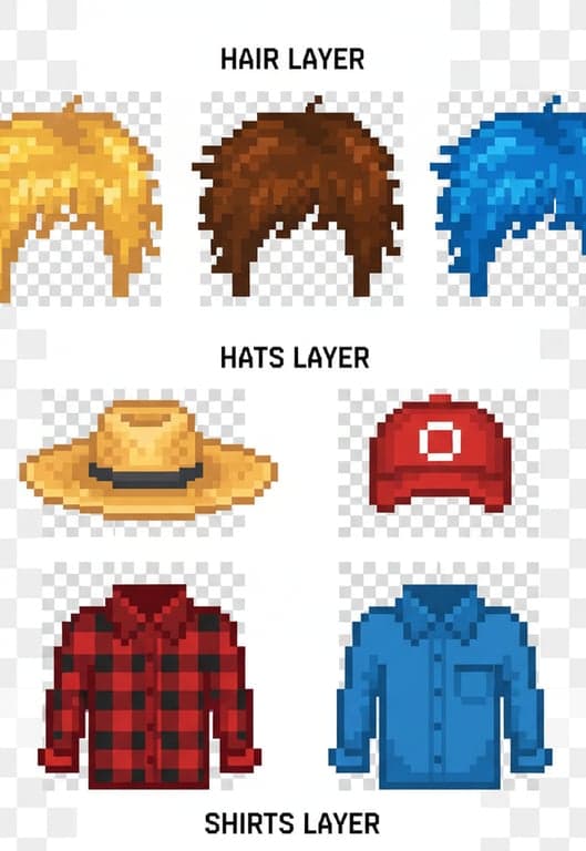 A set of farmer avatar components: separate pixel art layers for hair (blonde, brown, blue), hats (straw hat, baseball cap), and shirts (plaid, solid color).