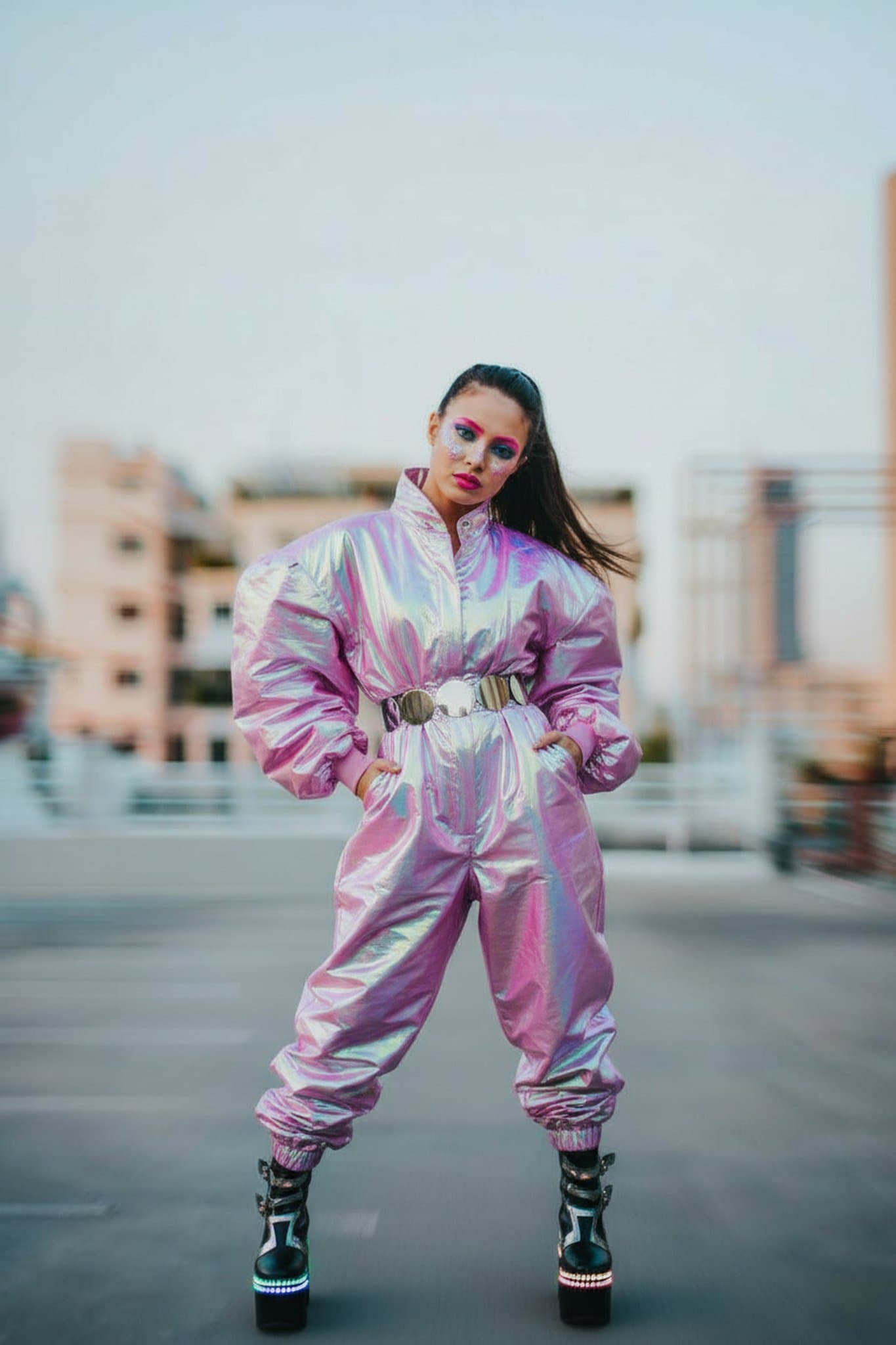 Iridescent pink jumpsuit with bold makeup, metallic belt, platform boots, rooftop location.