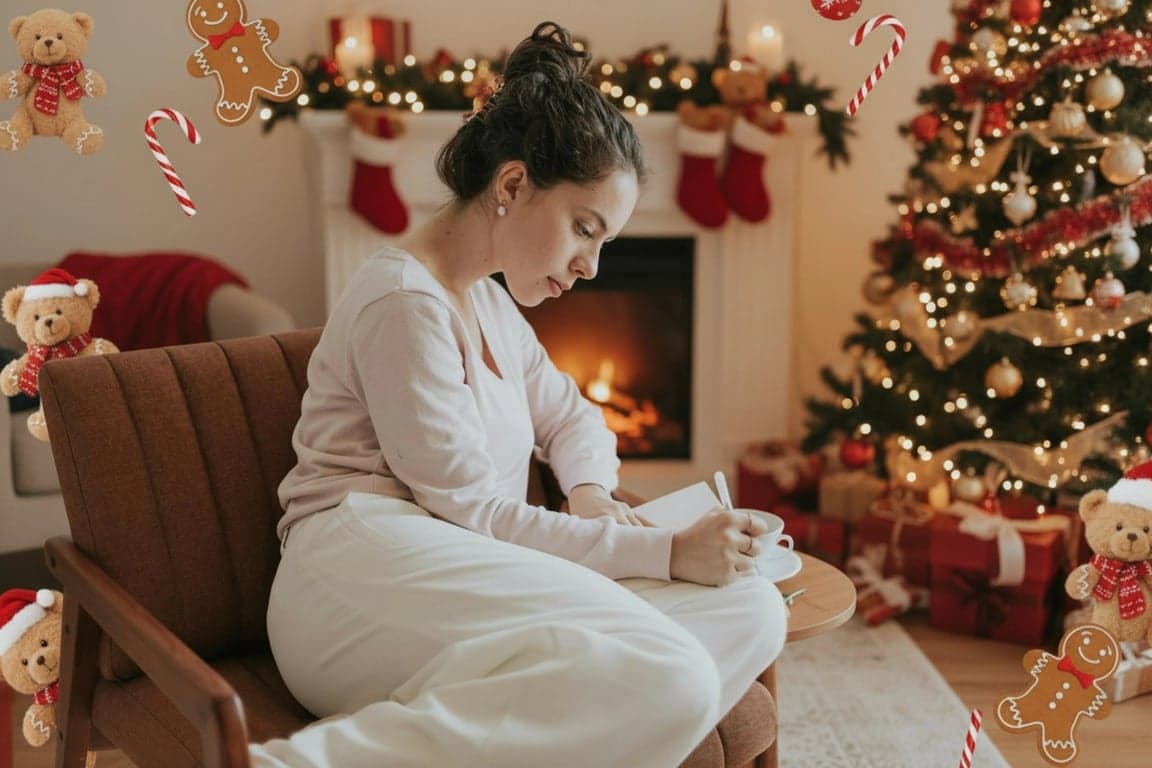 AI Christmas background free after photo - women readig the book with Christmas background