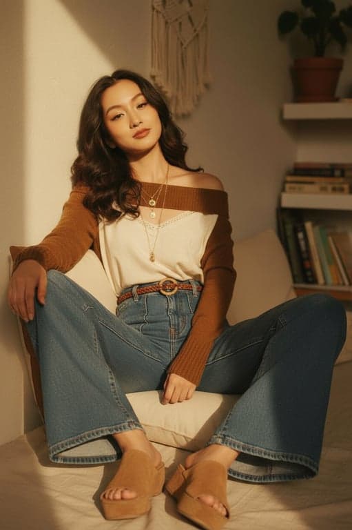 a portrait of a person styled with relaxed 70s-inspired outfit elements, casual flared bottoms, soft knit or cotton tops, understated layering, warm tones, casual stance, and soft lighting
