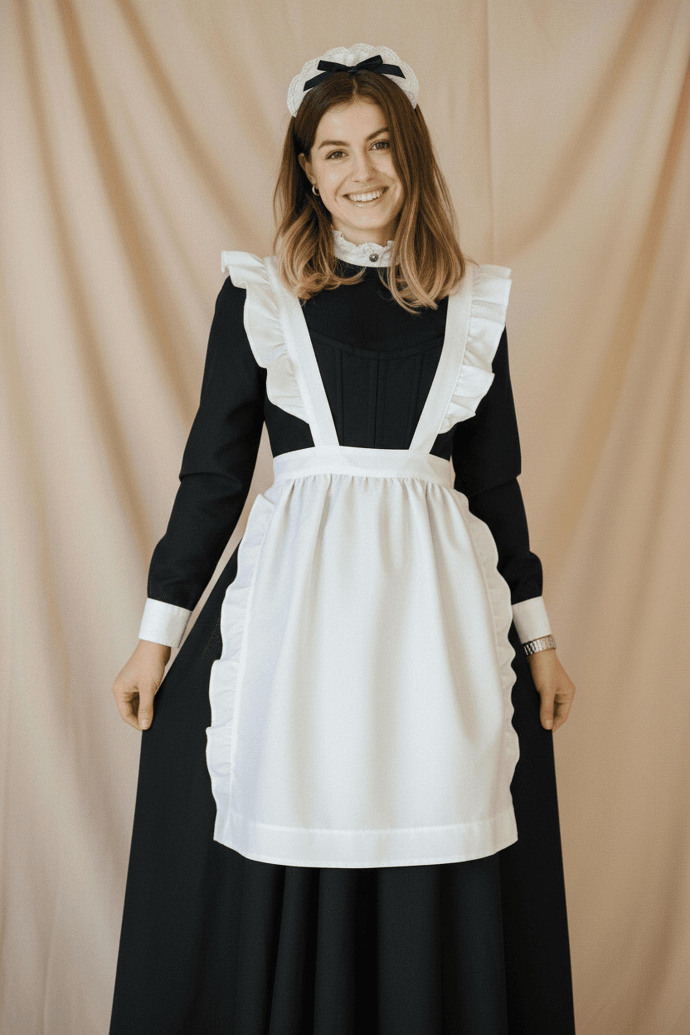 Same backdrop, with her now in a long maid dress and ruffled apron, smiling at the camera.