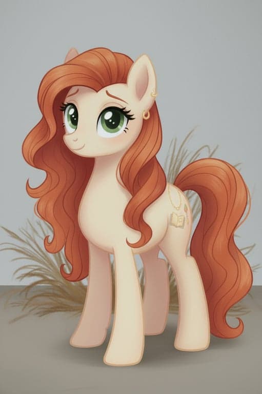 A portrait of a person converted into a My Little Pony-style animated pony with four hooves on the ground, compact rounded body, oversized eyes, mane adapted from original hairstyle, background preserved, flat pastel colors, clean cartoon outlines, and a cutie mark symbolizing the person’s defining trait.
