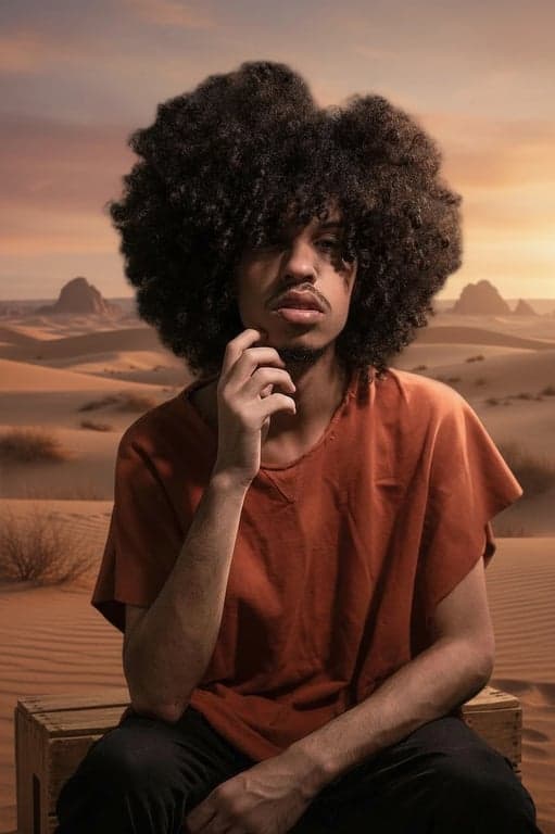 AI green screen remover after photo - woman with curly hair isolated on desert background