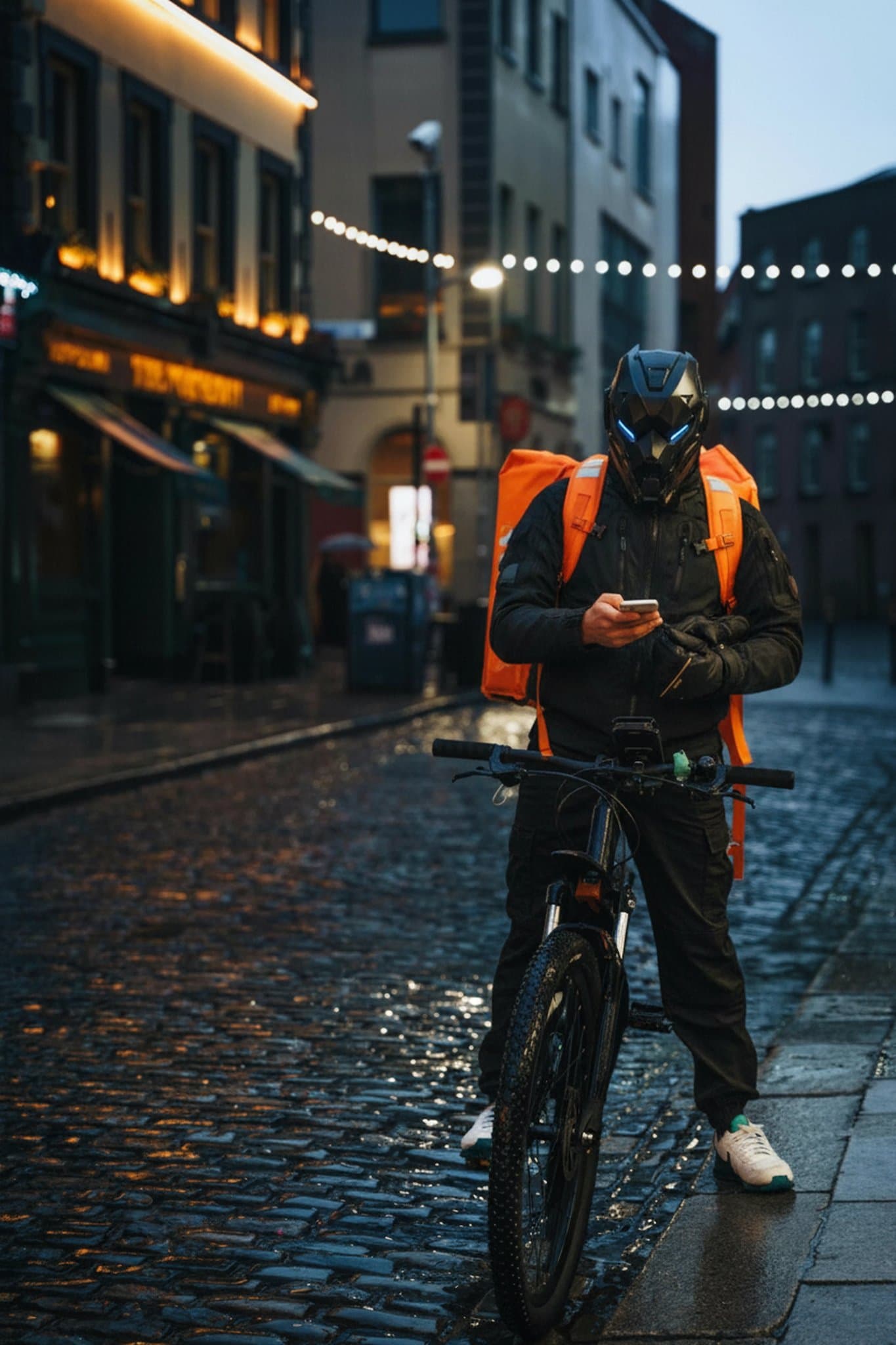 AI fashion edit showing black tactical techwear and a futuristic mask, inspired by Cyberpunk fashion.