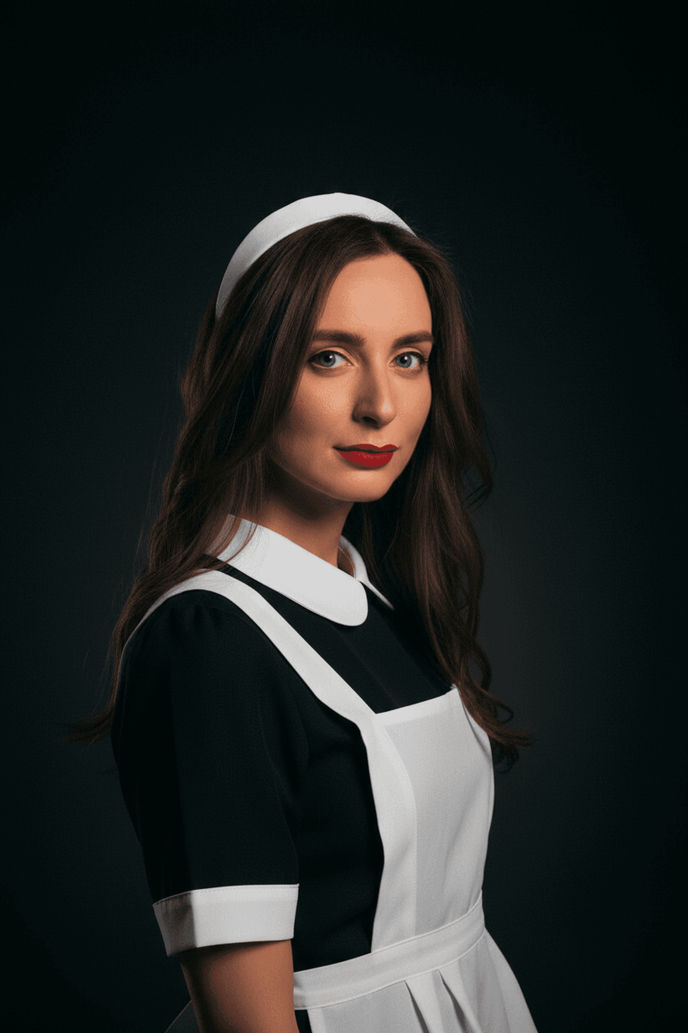 Same woman in a simple black maid dress with white apron and headband on the same dark backdrop.